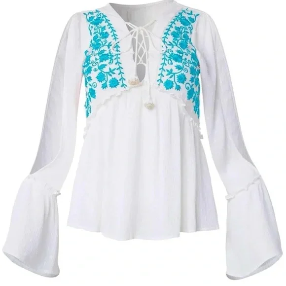 VENUS White and Teal 3/4 Sleeve Embellished Blouse sizes 8,10 and 14 NWOT - Picture 15 of 15